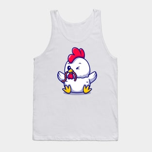 Cute Rooster Chicken Eating Worm Cartoon Vector Icon Illustration Tank Top